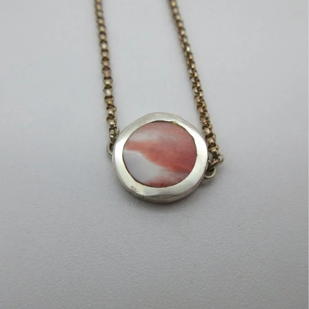 Silver Necklace and Earring Set with Coral Pink Inlay